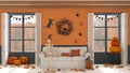 Halloween interior design, living room with skeleton sitting on the sofa in orange and gray tones. Panoramic windows on autumnal Royalty Free Stock Photo