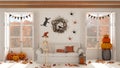 Halloween interior design, living room with skeleton sitting on the sofa in white tones. Panoramic windows on autumnal landscape.