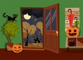 Halloween interior of hallway decorated with pumpkins faces, boiler and spider with open door to street. Black cat on