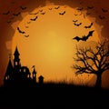 Halloween invitation card concept. Spooky forest with castle on full moon background, dark black trees with scarry