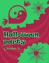 Halloween invitation - cute pink ghost and spiders on a pink green background. Vector.