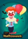 Halloween invitation or greeting card. Smiling evil clown with a