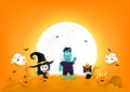 Halloween invitation poster paper art, pumpkin, black cat, candy, zombie monster, witch and spooky cartoon characters full moon, Royalty Free Stock Photo