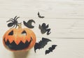 Halloween. jack lantern pumpkin with witch ghost bats and spider Royalty Free Stock Photo