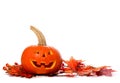 Halloween Jack o Lantern with autumn leaves border on white