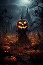 Halloween jack-o-lantern illuminated pumpkins in a spooky ghostly horror scene
