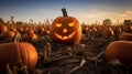 Halloween Jack-o\'-lantern in a field with pumpkins, spooky and scary mood, Trick or treat, October, autumn Royalty Free Stock Photo