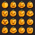 Halloween jack o lantern pumpkin scary faces smile decoration emoji icons set isolated cartoon design vector Royalty Free Stock Photo