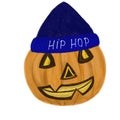 Halloween jack o lantern pumpkin smiling in blue hat with hip-hop text isolated on white background. Halloween symbol. Stationery, Royalty Free Stock Photo