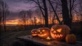 Halloween Jack O Lantern Pumpkins Glowing Sunset Forest Autumn Royalty Free Stock Photo