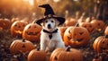 halloween jack o lantern A sweet Halloween puppy wearing a witch hat, gently holding a broomstick in its mouth