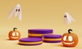 Halloween Jack O Lantern three stage podium for product presentation background. Holiday festival and seasonal concept. 3D