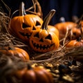 halloween jack-o-lanterns in a pile of hay Royalty Free Stock Photo