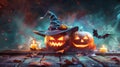 Halloween Jack-o'-Lanterns with Witch Hat and Candles, Generative AI Royalty Free Stock Photo