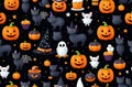 Halloween jewelry concept - seamless pattern with black cats, pumpkins and a witch's hat Royalty Free Stock Photo