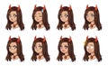 Halloween kawaii devil girl with eight different face expression. Retro 90s anime style hand draw vector illustration. Isolated on