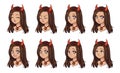 Halloween kawaii devil girl with eight different face expression. Retro 90s anime style hand draw vector illustration. Isolated on