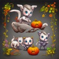 Halloween Kawaii Kittens playing with a small pumpkin. generative AI