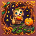 Halloween Kawaii Kittens playing with a small pumpkin. generative AI
