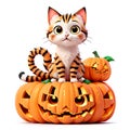 Halloween Kawaii Kittens playing with a small pumpkin. generative AI