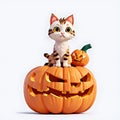 Halloween Kawaii Kittens playing with a small pumpkin. generative AI