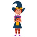 Halloween kid girl character. Happy Halloween. Child in colorful Halloween costume of witch. Girl hold pumpkin. Cartoon