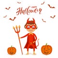 Halloween kid in red costume of devil with pumpkins Royalty Free Stock Photo