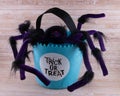 Kids Blue Trick or treat loot bag with scary hairy purple spider on wooden background