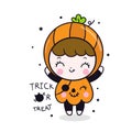 Halloween kids cartoon kawaii girl character in Pumpkin dress, jack o lantern icons , fancy party vector