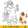 Halloween kids coloring with template a boy in a ghost costume Royalty Free Stock Photo