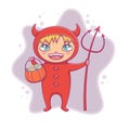 Little boy in halloween devil costume laughing. Cartoon vector Character for party, invitations, web, mascot. Royalty Free Stock Photo