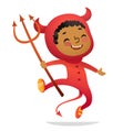 Halloween Kids Costume Party. African-American Boy in halloween devil costume laughing and dancing. Cartoon vector