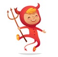 Halloween Kids Costume Party. Boy in halloween devil costume laughing and dancing. Cartoon vector Character for party Royalty Free Stock Photo