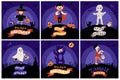 Halloween Kids Costume Party. Card set. Kids with buckets of sweets in various costumes for the holiday. Night sky Royalty Free Stock Photo