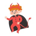 Halloween Kids Costume Party. Cute ginger boy in halloween devil costume. Cartoon vector Character for party, invitations, web. Royalty Free Stock Photo