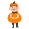 Halloween Kids Costume Party. Cute little ginger girl in halloween pumpkin costume. Cartoon vector Character for party, Royalty Free Stock Photo