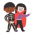Halloween Kids Costume Party. Cute little girl and afro american boy in halloween vampire and skeleton costume. Cartoon Royalty Free Stock Photo