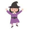 Halloween Kids Costume Party. Cute little girl in halloween witch costume. Cartoon vector Character for party, invitations, web. Royalty Free Stock Photo