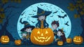 Halloween Kids Costume Party. Group of kids in halloween costume sitting on a giant pumpkin. In the moonlight. Blue background. Royalty Free Stock Photo