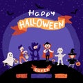 Halloween Kids Costume Party Invitation. A group of kids in various costumes for the holiday. Night sky background. Cute Royalty Free Stock Photo