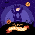 Halloween Kids costume party. A Kid in a werewolf costume with a bucket of sweets. Night sky background, silhouette Royalty Free Stock Photo