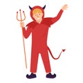 Halloween Kids Costume Party. Little boy in halloween red devil costume laughing. Vector Character for party