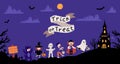 Halloween Kids Costume Party. Kids in various costumes for the holiday. Night sky background, a silhouette of a castle Royalty Free Stock Photo