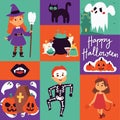 Halloween kids costume trick or treat party costumes vector characters. Little child people Halloween bat, candy, ghost