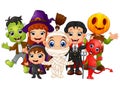 Halloween kids costumes. witch, Frankenstein, Dracula, cat costume, Red Devil, mummy, Pumpkin Head