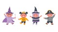 Halloween kids party. Children in halloween costumes. Witch, pirate, pumpkin and wizard Royalty Free Stock Photo