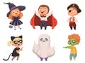 Halloween kids. Party children scary characters costume witch vampire vector cartoon halloween collection