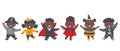 Halloween kids party. Cute black children dance in halloween costumes. Witch, pirate, pumpkin, vampire, imp and skeleton Royalty Free Stock Photo