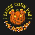 Halloween label with candy corn, pumpkin like kid