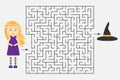 Halloween labyrinth game, help the witch to find a way out of the maze, cute cartoon character, preschool worksheet activity for k Royalty Free Stock Photo